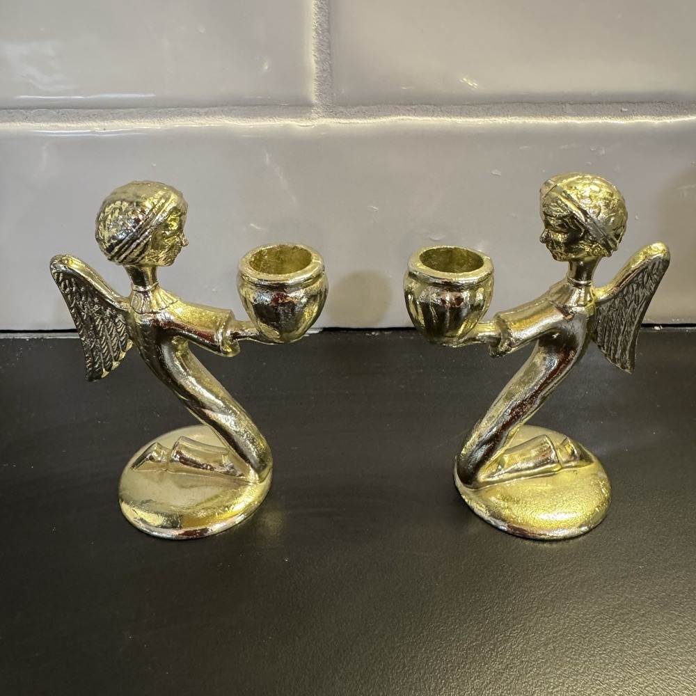 Brass‎ Kneeling Angel Set of 2 Taper Candle Holders 3.5" Tall